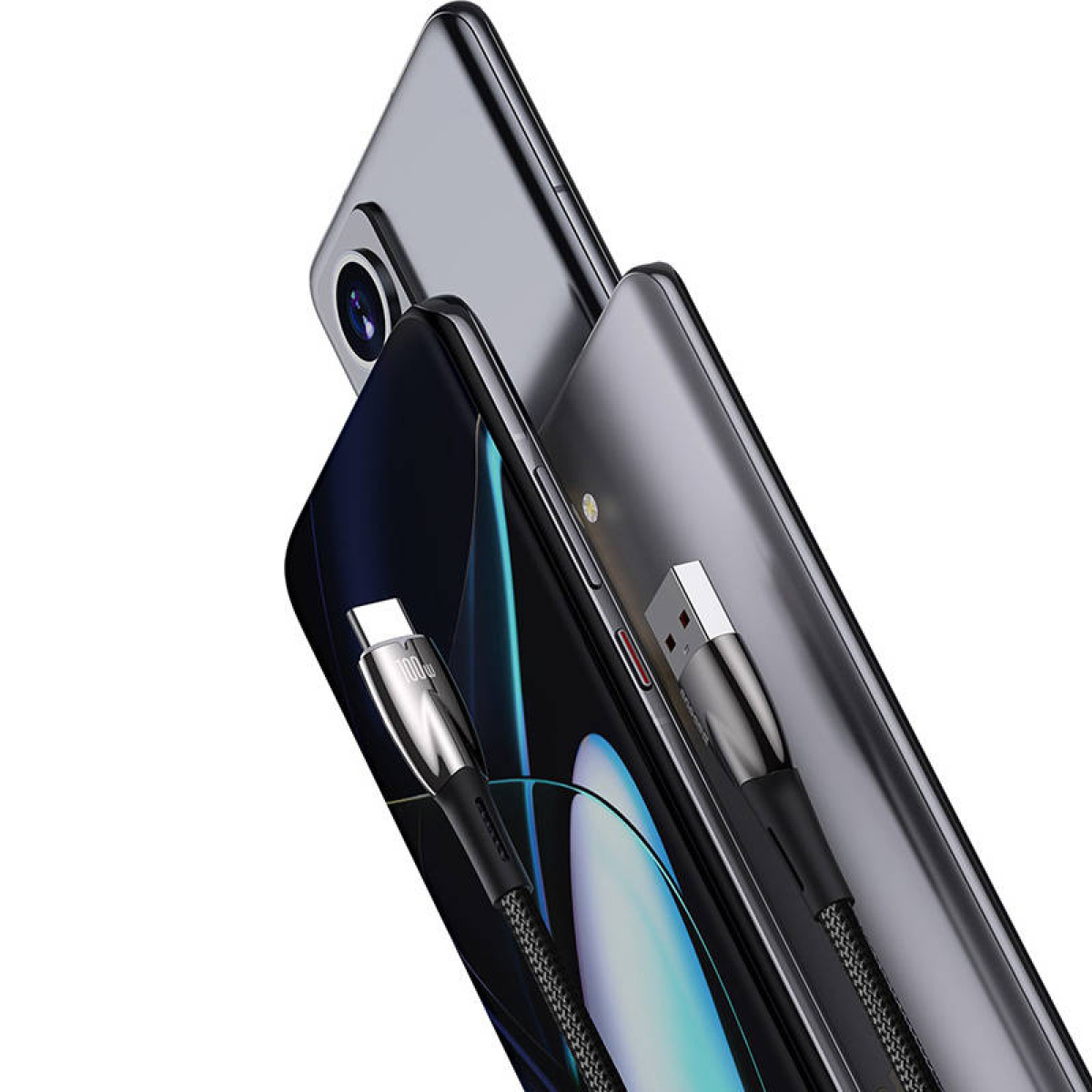 Dwa telefony połączone kablami USB, jeden USB-C, drugi USB-A, ładują się.
