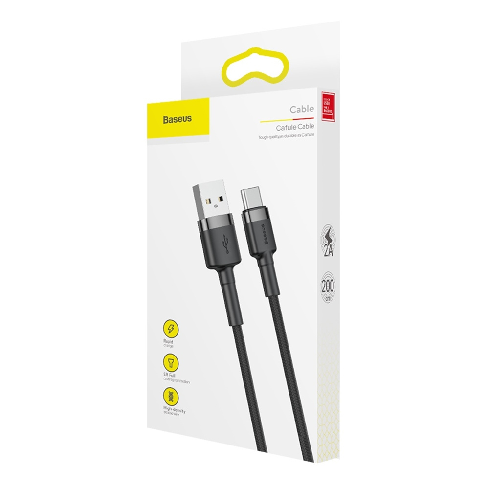 Een verpakte Baseus Cafule-kabel, USB-A naar USB-C, met productdetails.