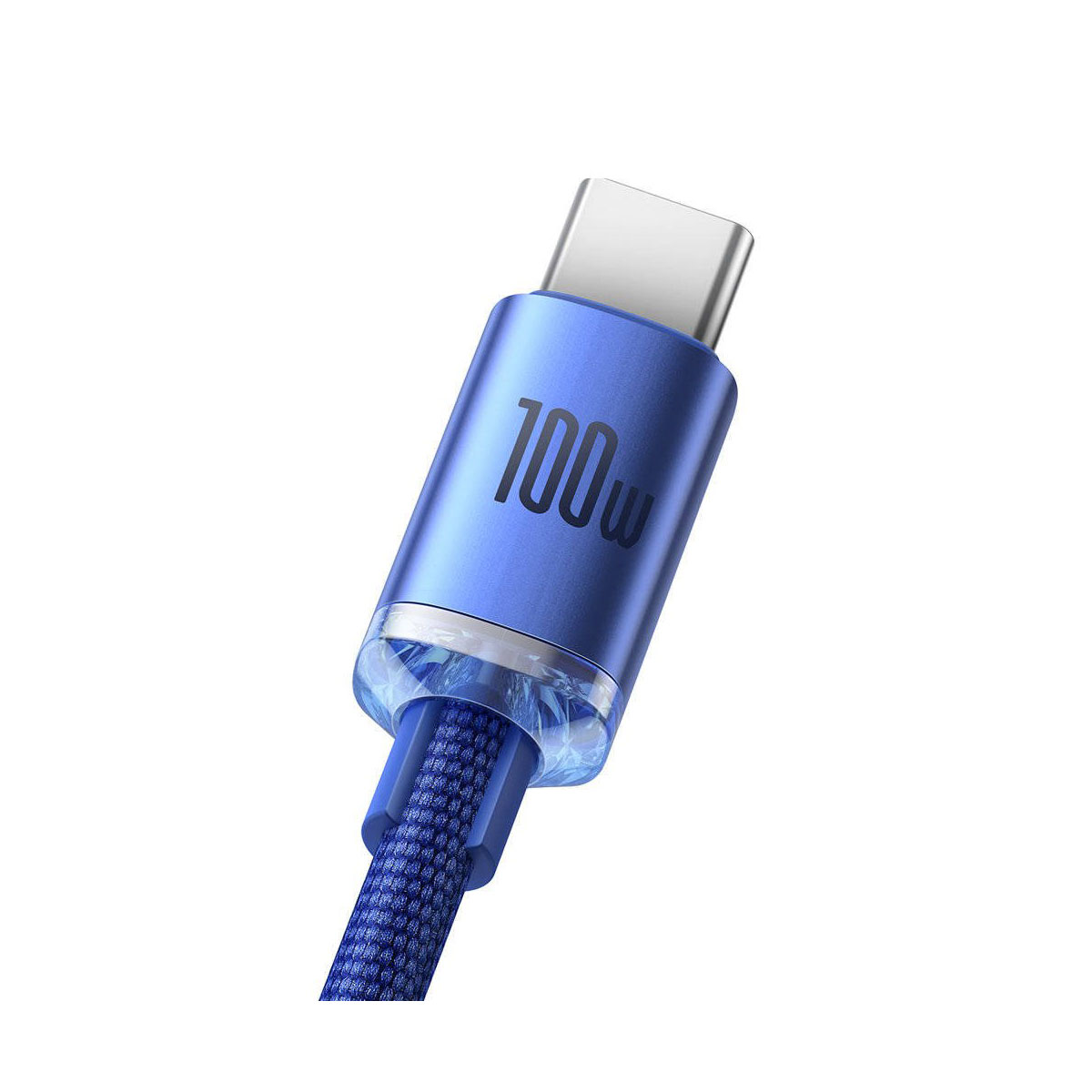 Un primo piano di un connettore USB-C blu con "100W" stampato sopra, su uno sfondo bianco.