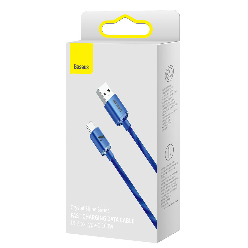 Un cavo blu da USB a USB-C è confezionato in una scatola bianca con dettagli gialli, mostrato su uno sfondo bianco.