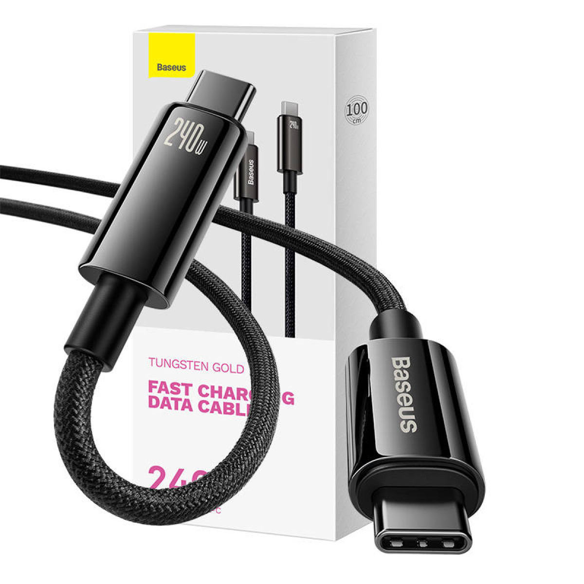 Een zwarte USB-C-kabel met een gevlochten ontwerp wordt getoond naast de verpakking tegen een witte achtergrond.
