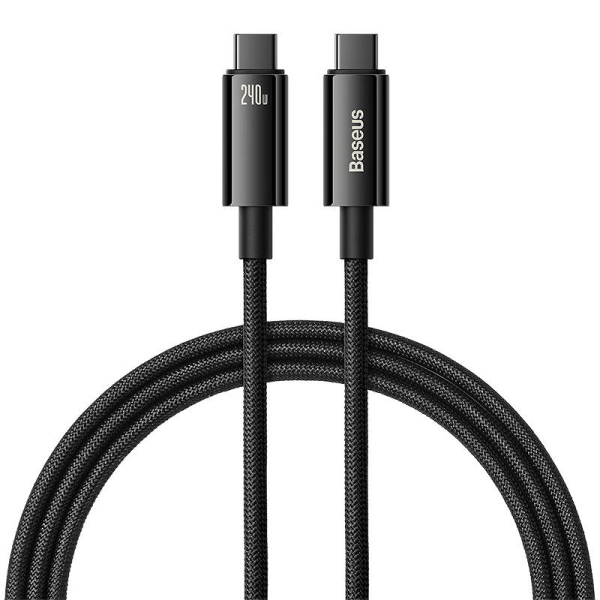 Twee zwarte 240W USB-C naar USB-C kabels opgerold tegen een witte achtergrond.