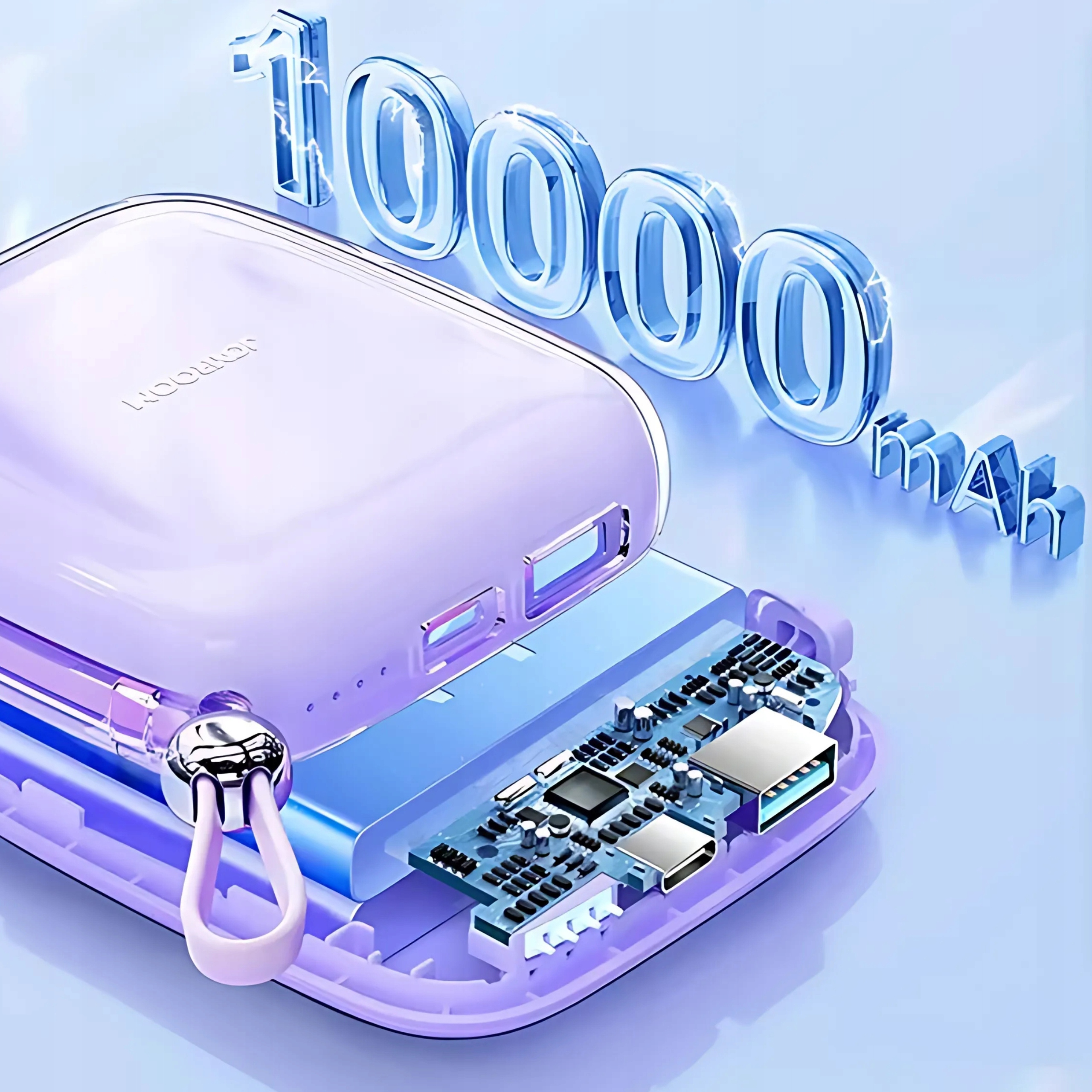 Otwarty przezroczysty fioletowy power bank z widocznymi wewnętrznymi szczegółami płytki drukowanej.