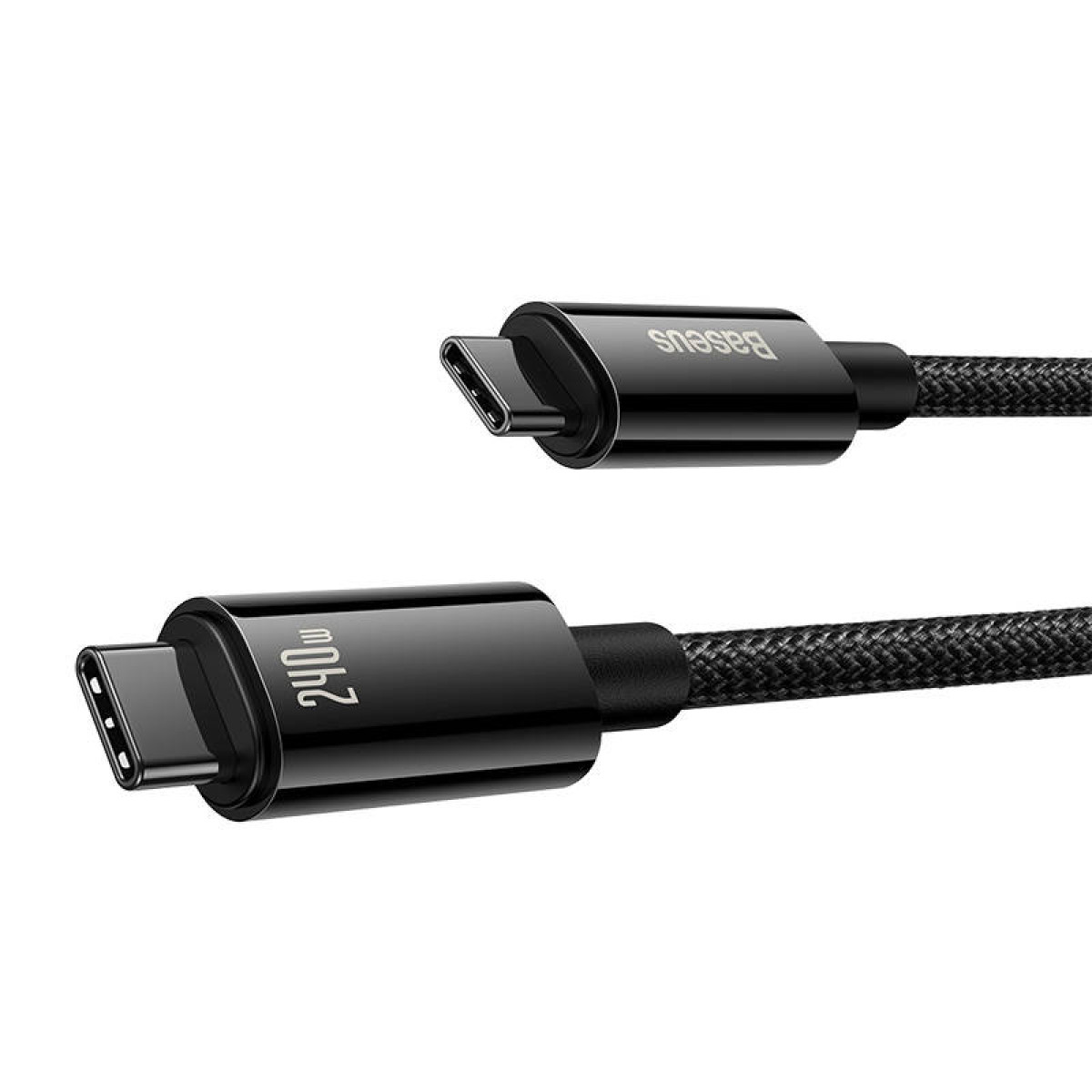 Twee zwarte Baseus 240W USB-C-kabels op een witte achtergrond, uiteinden naar elkaar toe.