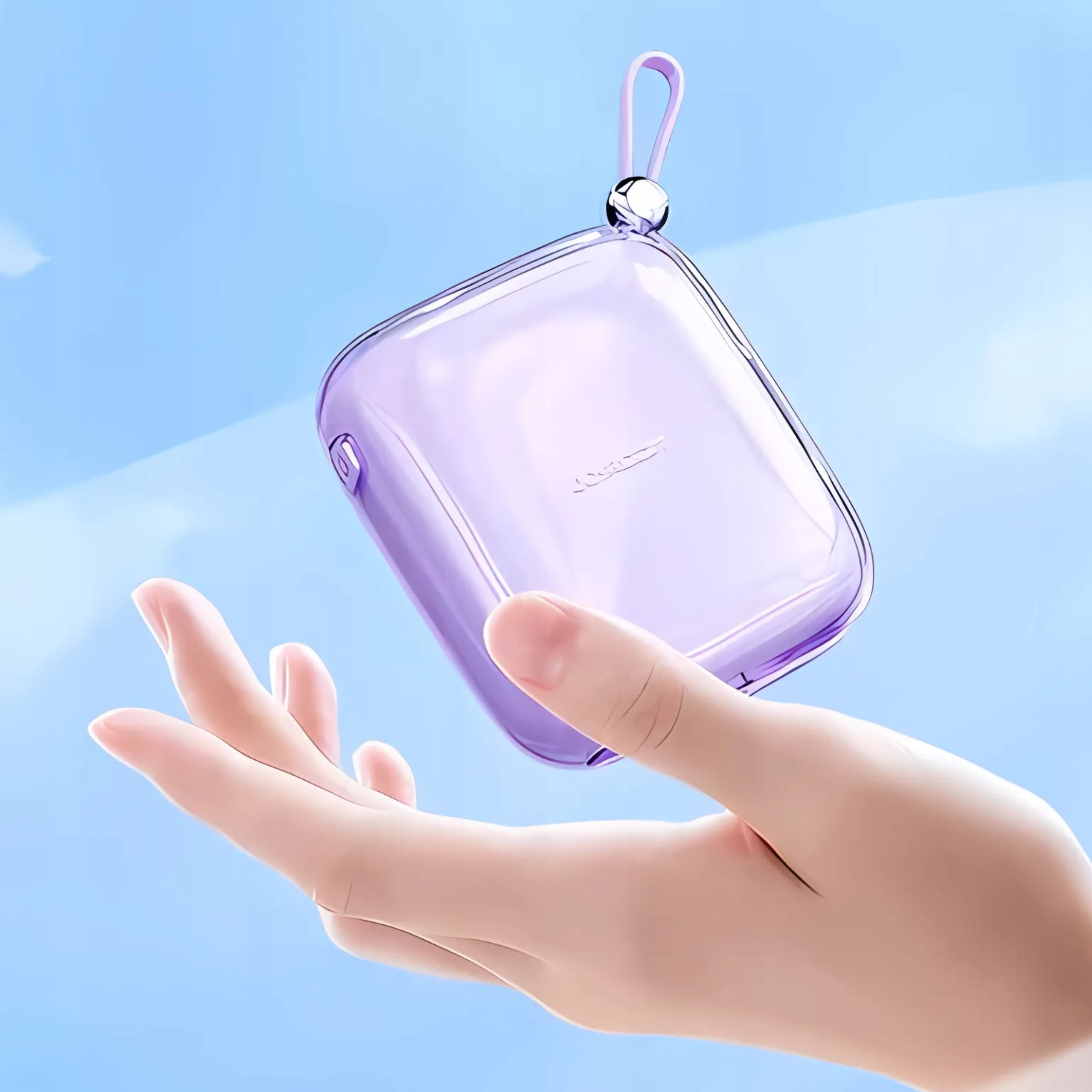 Ręka trzymająca przezroczysty fioletowy power bank na jasnoniebieskim tle.