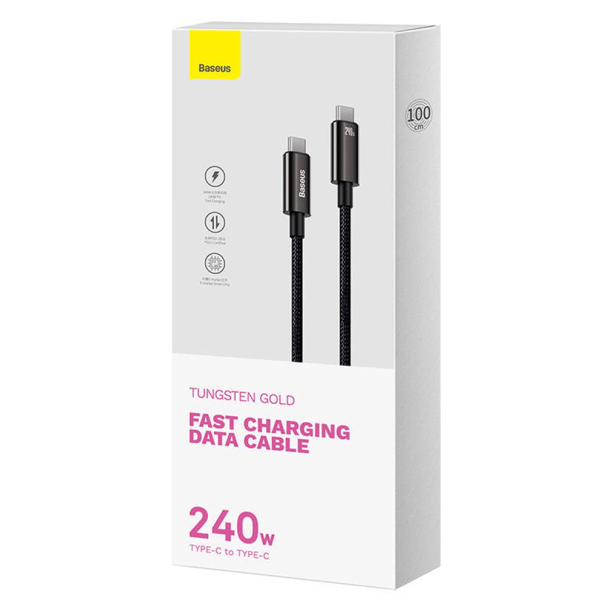 Baseus Tungsten Gold snelladende datakabeldoos, met 240W USB-C-kabel.