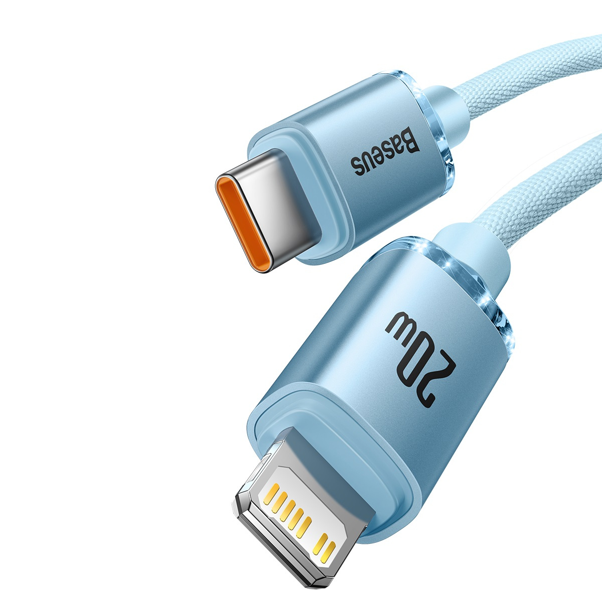 Jasnoniebieski kabel Baseus ze złączem USB-C i Lightning. Kabel jest oznaczony jako „20W”.