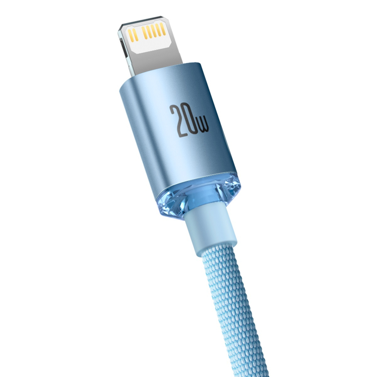 Zbliżenie jasnoniebieskiego kabla ze złączem Lightning firmy Baseus. Kabel jest oznaczony jako „20W”.