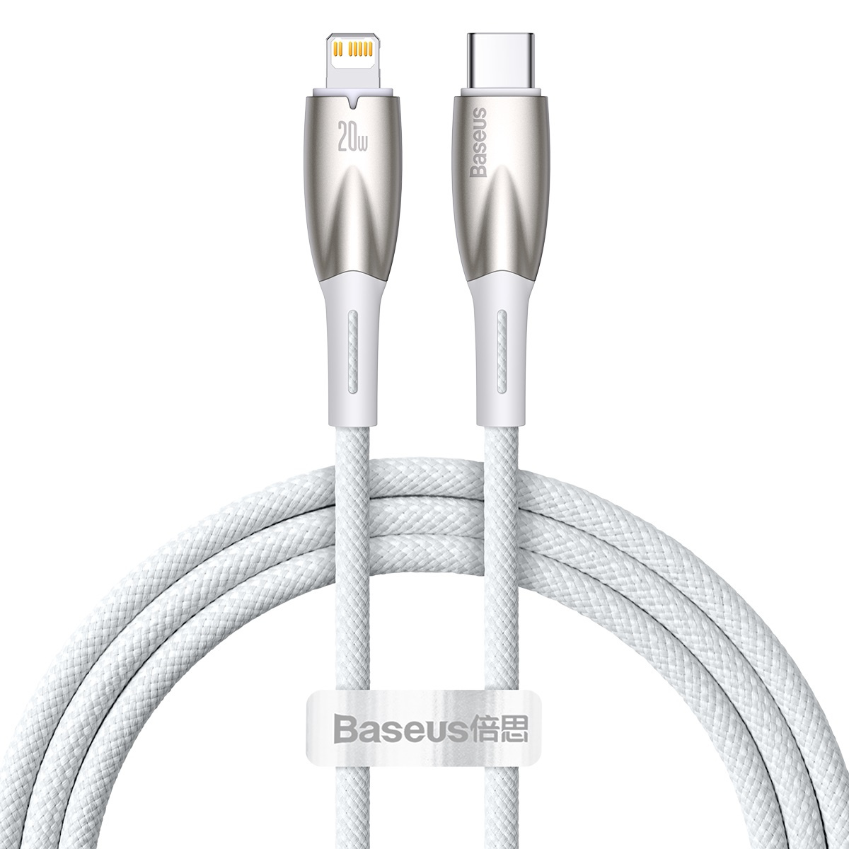 Biały kabel Baseus ze złączami USB-C i Lightning, starannie zwinięty paskiem marki.