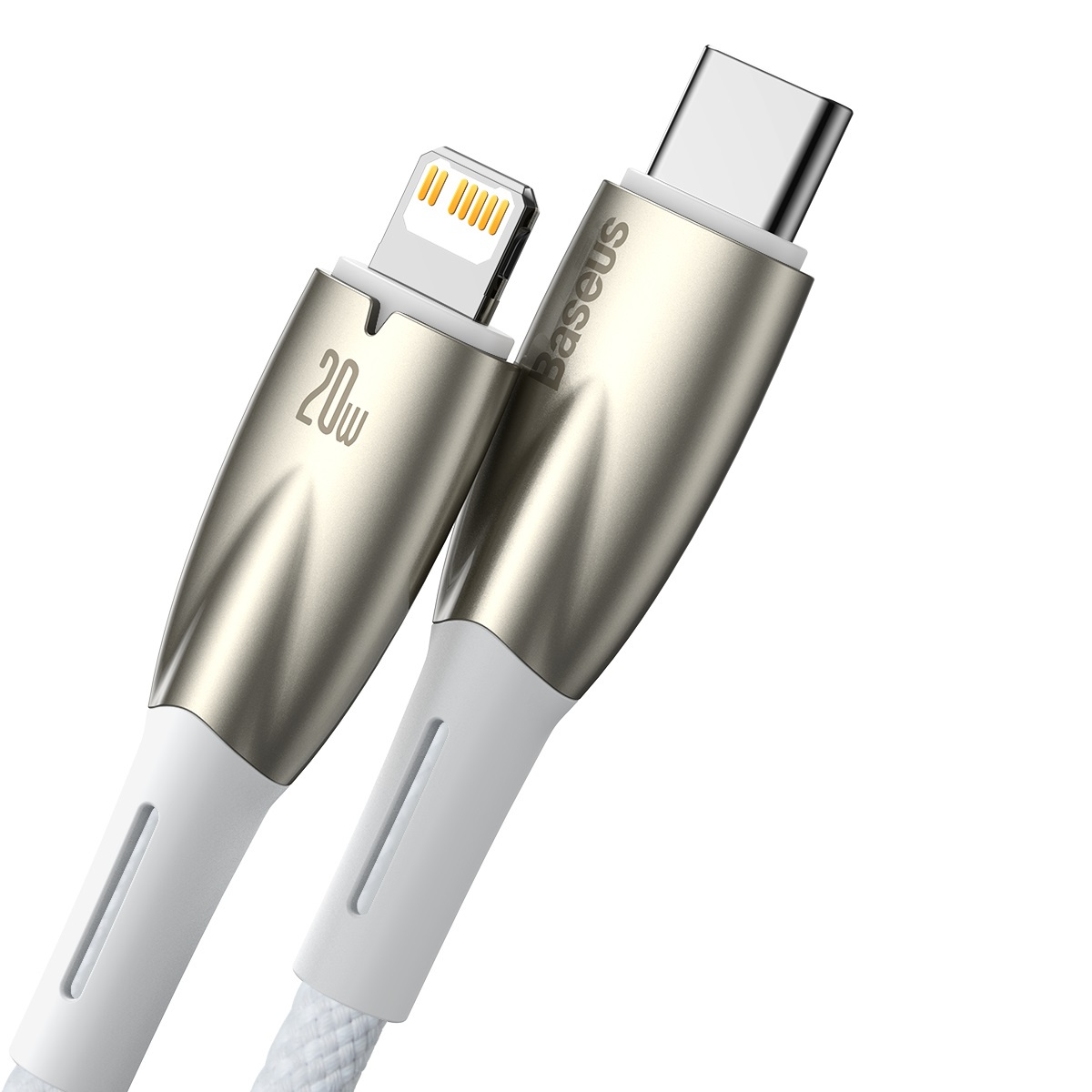 Srebrny i biały kabel do ładowania Baseus ze złączem Lightning i USB-C.