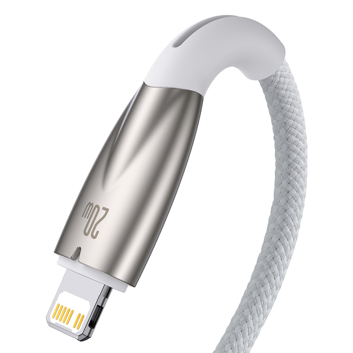 Biały kabel do ładowania Baseus ze złączem Lightning na białym tle.