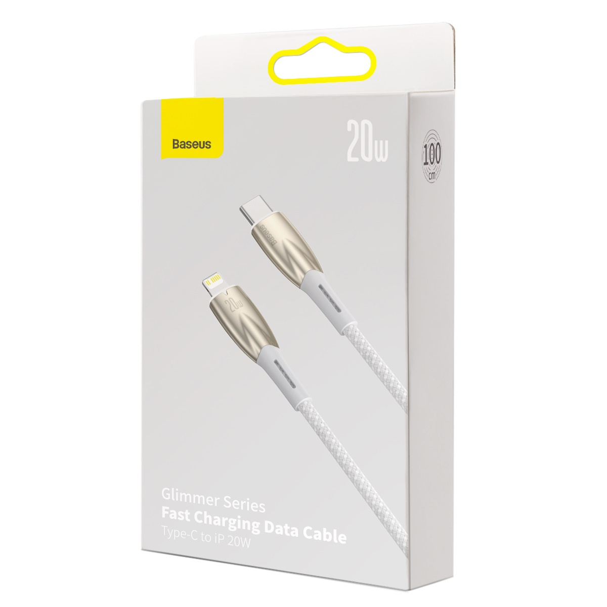 Białe pudełko Baseus przedstawia srebrny i biały kabel do ładowania ze złączem Lightning i USB-C.