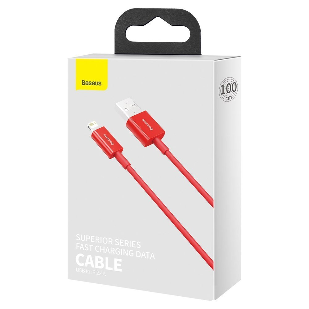 Doos toont rode oplaadkabel, met nadruk op snelle oplaadgegevens; USB naar IP 2.4A compatibiliteit.