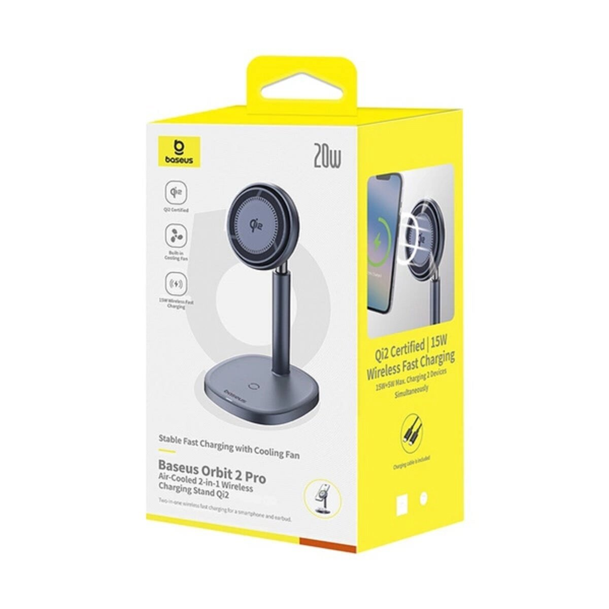Pudełko wyświetla Baseus Orbit 2 Pro: Chłodzony powietrzem bezprzewodowy stojak ładujący 2 w 1, certyfikat Qi2, do ładowania telefonu/słuchawek.