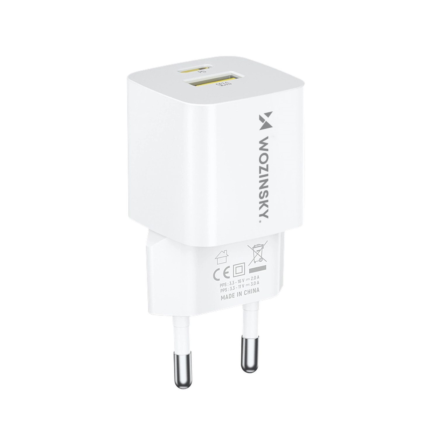 Biała ładowarka Wozinsky z dwoma portami USB i europejską wtyczką na białym tle.