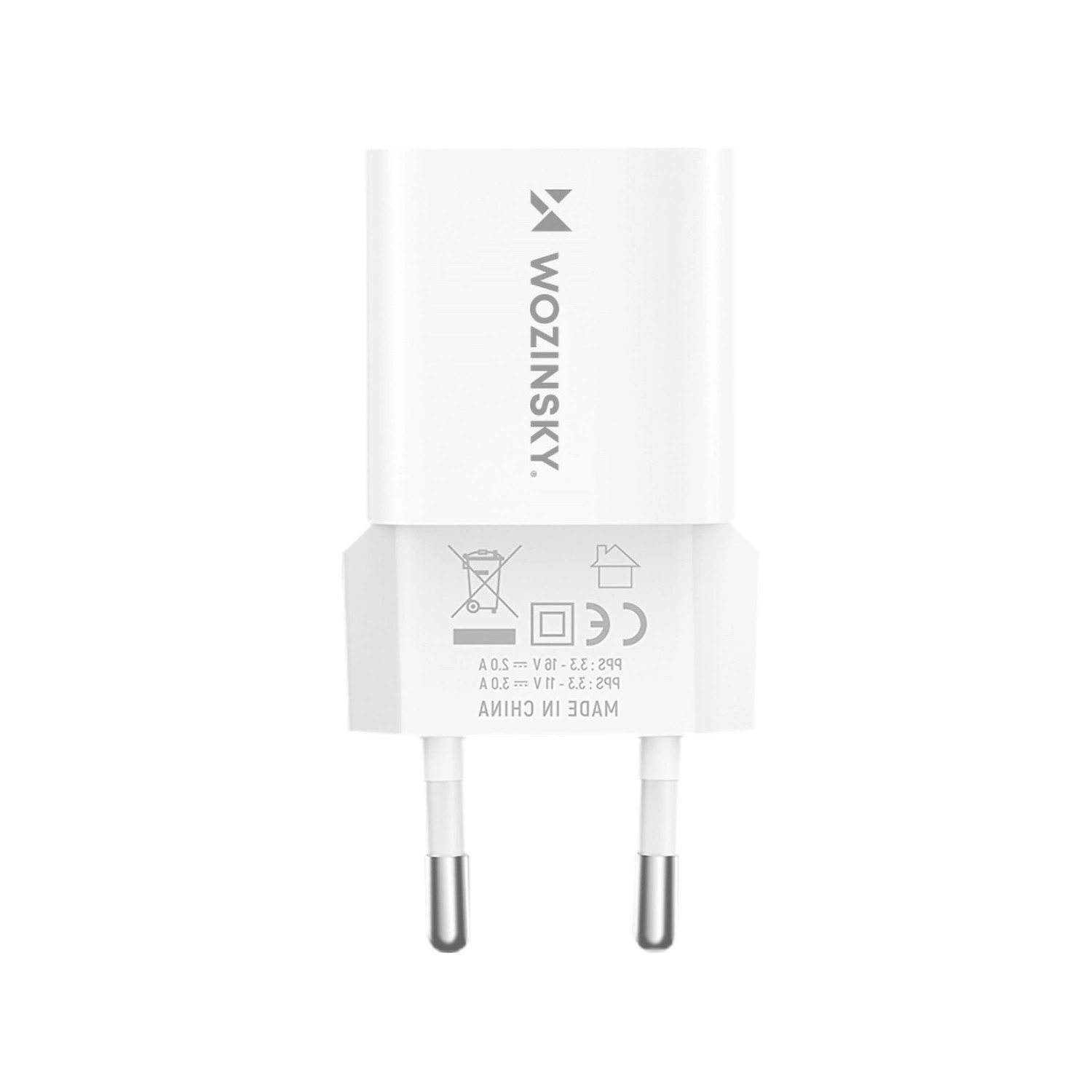 Biała ładowarka Wozinsky z dwoma portami USB i europejską wtyczką, widoczna od tyłu.