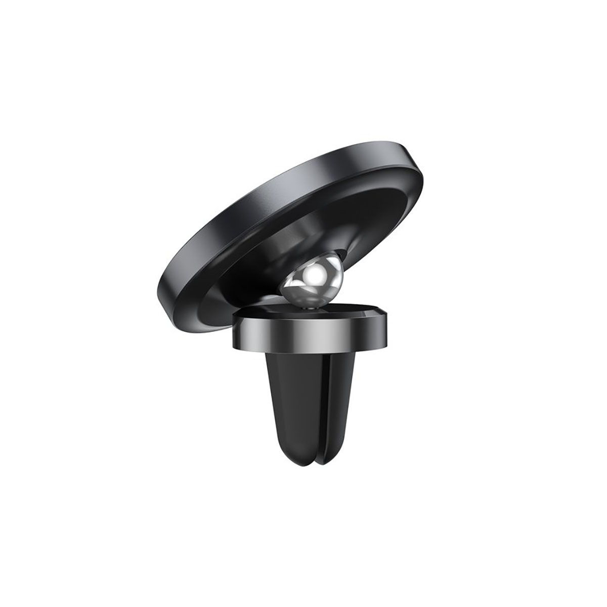 Czarny uchwyt samochodowy do telefonu z przegubem kulowym na białym tle, widok pod kątem.