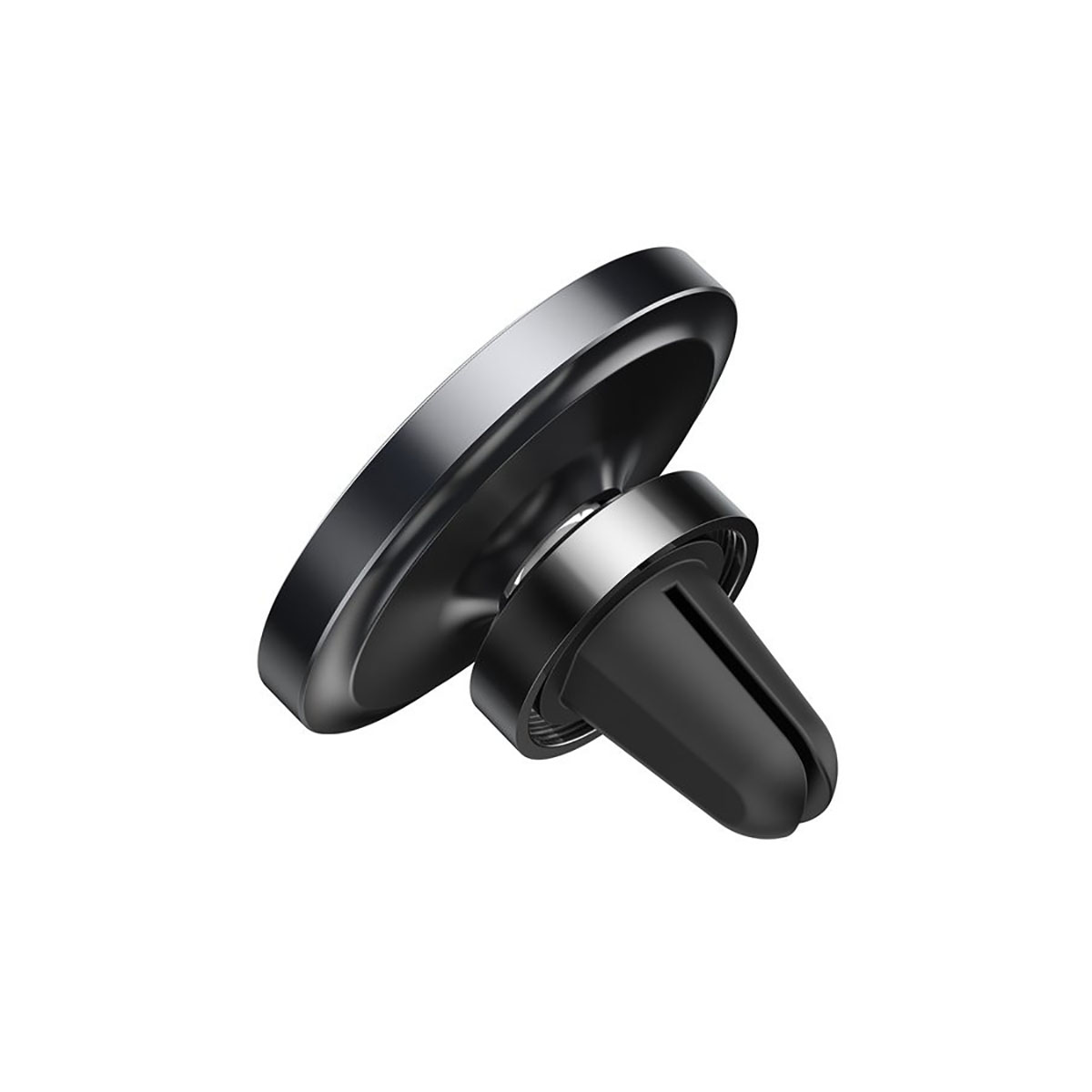 Czarny uchwyt samochodowy do telefonu z klipsem wentylacyjnym, ustawiony pod kątem na białym tle, zbliżenie.