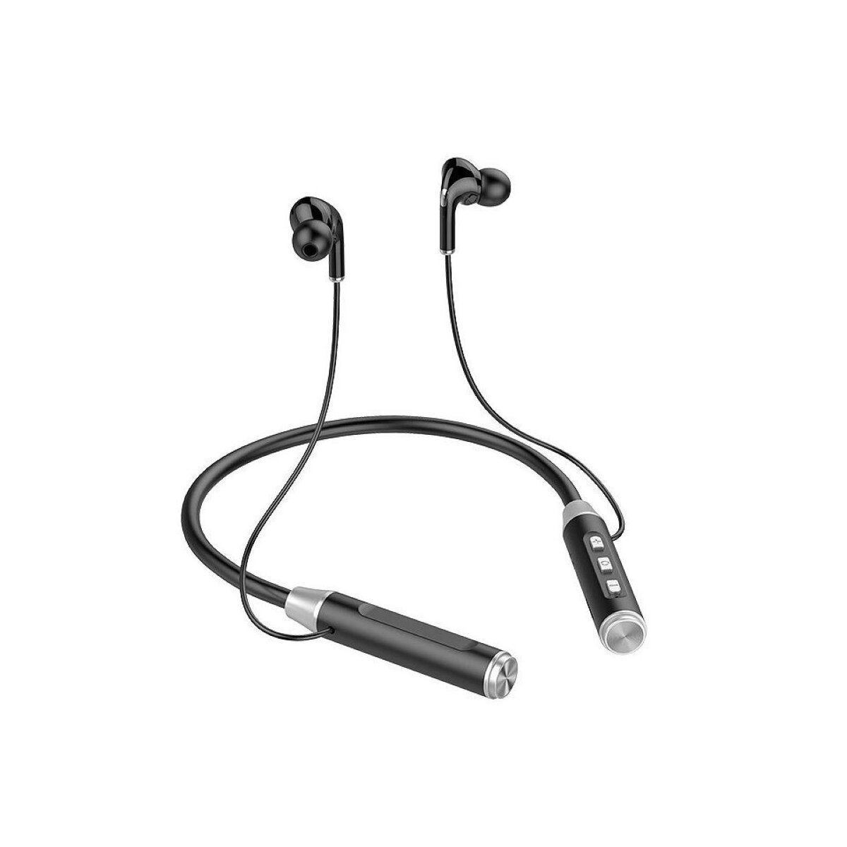 Czarne bezprzewodowe słuchawki z pałąkiem na szyję i elementami sterującymi są wyświetlane na białym tle.