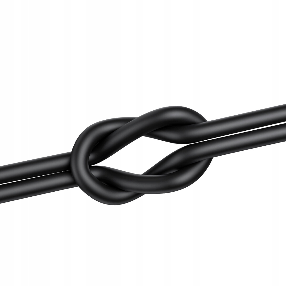 Czarny kabel jest zawiązany w węzeł na tle jaskrawobiałego tła.