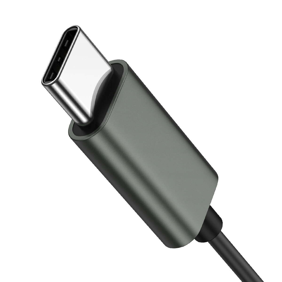 Zbliżenie szarego złącza USB-C pokazuje jego elegancki wygląd i nowoczesne możliwości podłączenia.