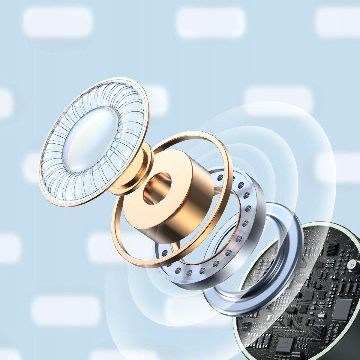 Widok rozstrzelony elementów słuchawek z przetwornikami, magnesami i płytką drukowaną na niebieskim tle.