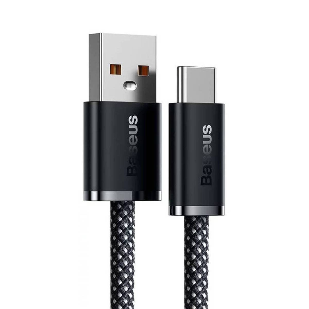 Un cavo da USB a USB-C è visualizzato su uno sfondo bianco, mostrando entrambe le estremità.