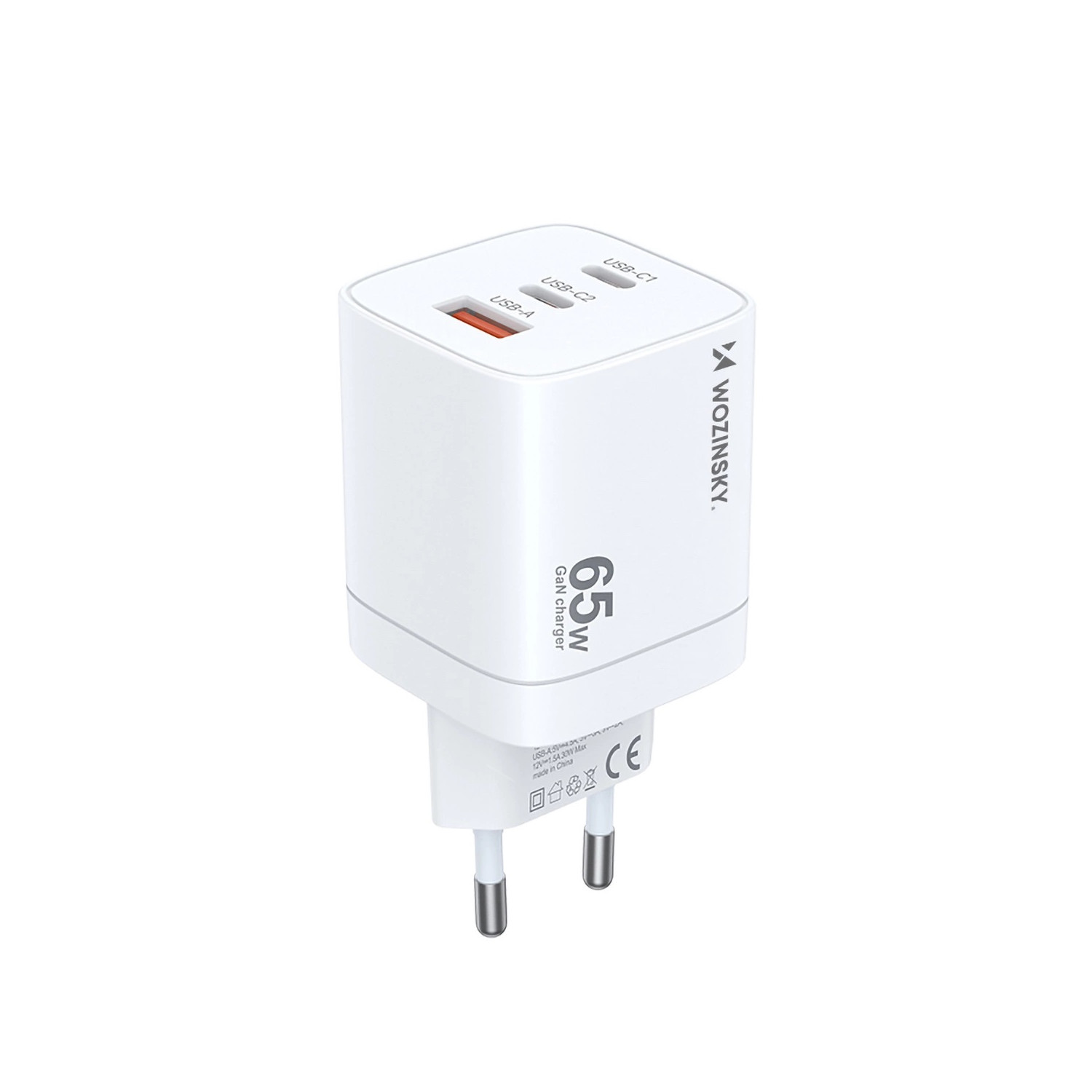 Biała ładowarka GaN o mocy 65 W z portami USB-C i USB-A stoi pionowo na białym tle.