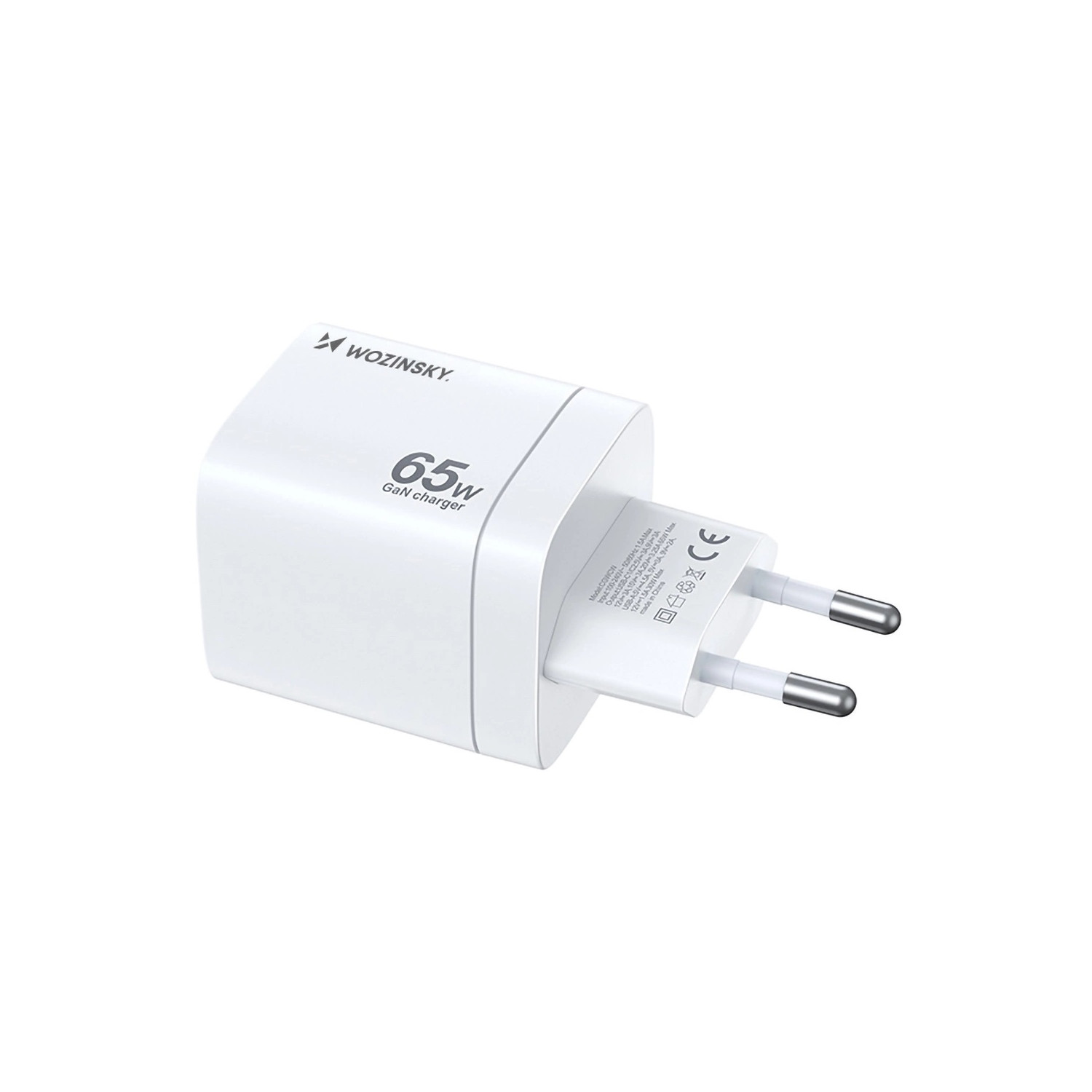 Biała ładowarka GaN o mocy 65 W z portami USB-C i USB-A leży na boku na białym tle.