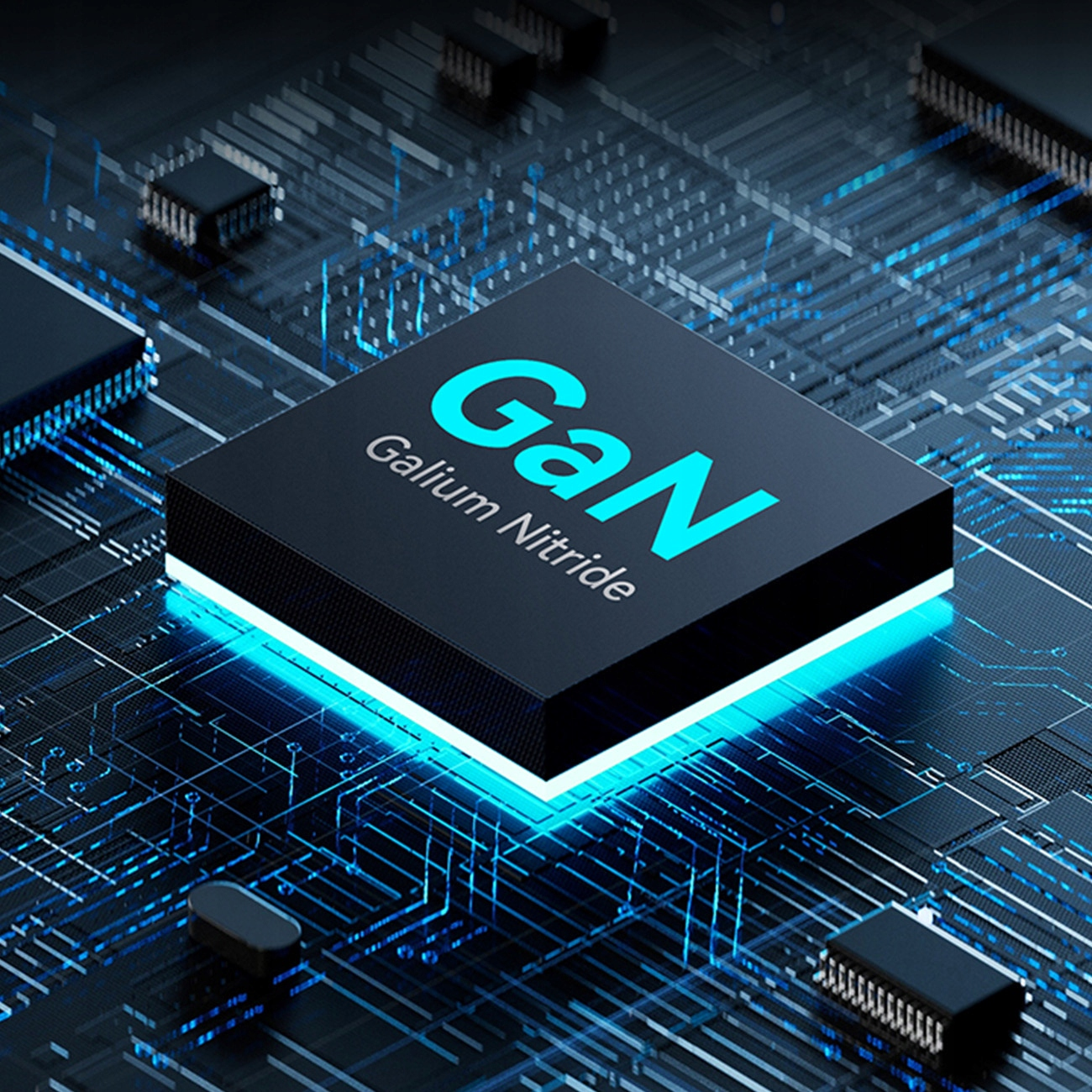 Zbliżenie ciemnego chipu z niebieskim tekstem „GaN” i słowami „Gallium Nitride”.
