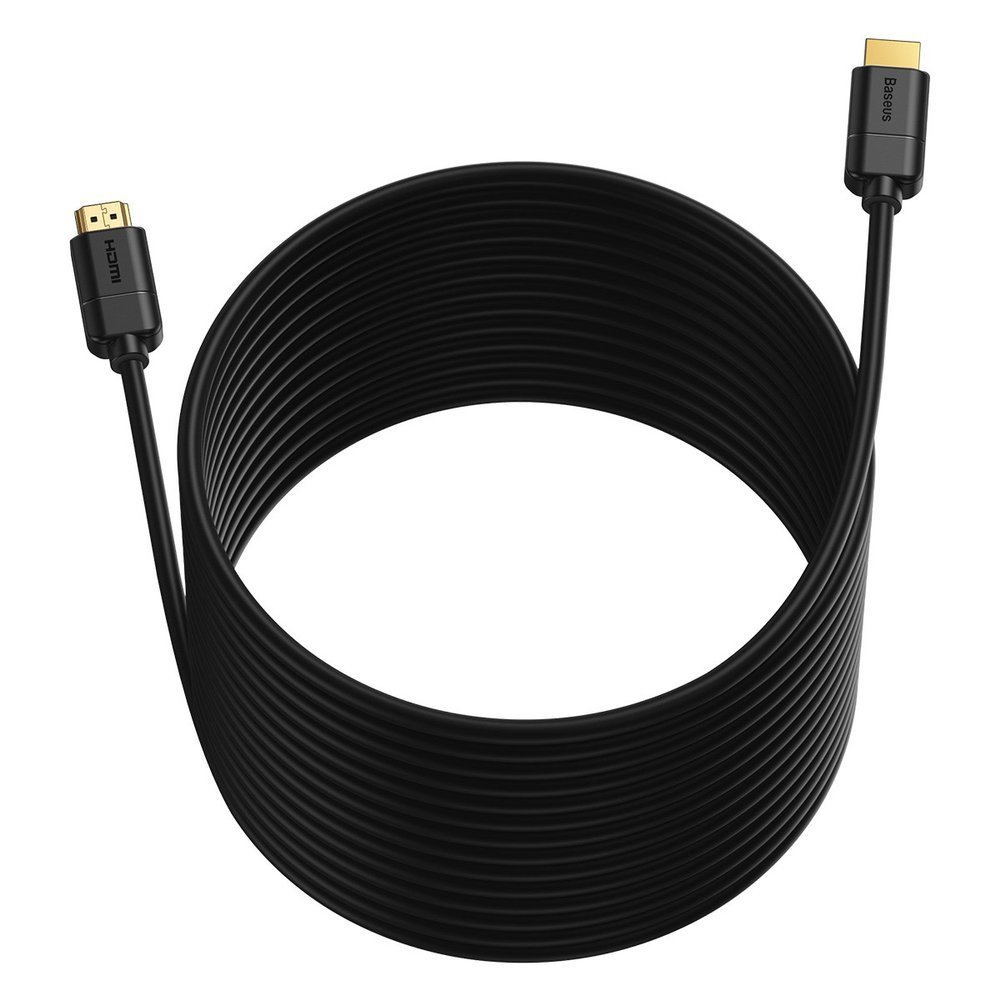 Zwinięty czarny kabel HDMI ze złoconymi złączami na białym tle.