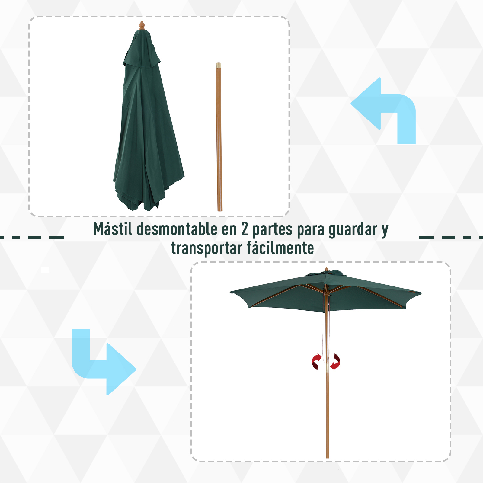 Diagrama que muestra cómo desmontar un paraguas verde con un mástil de madera.