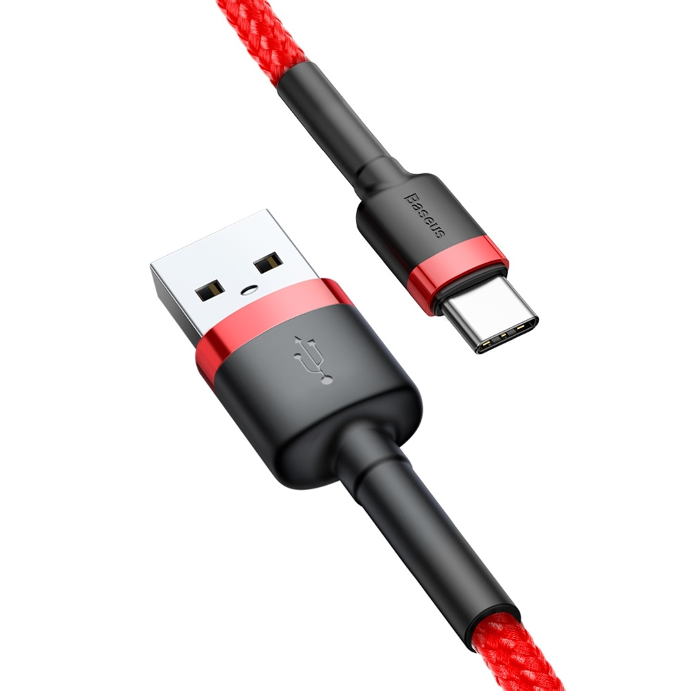 Close-up van een rode en zwarte USB naar USB-C-kabel met Baseus-branding.