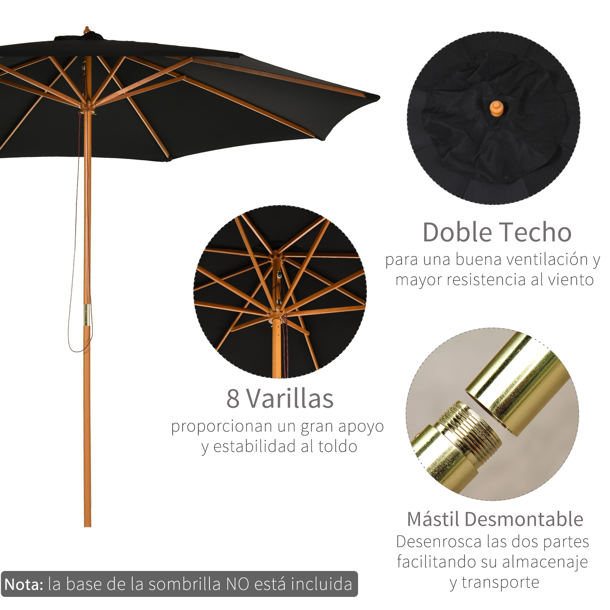 Imagen que muestra detalles de una sombrilla negra con marco de madera, incluyendo características de ventilación y poste desmontable.