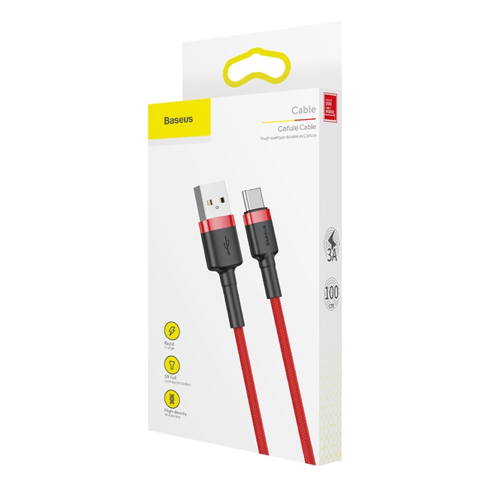 Verpakking van een Baseus USB naar Type-C Cafule-kabel in rood en zwart, met de functies op een witte achtergrond.