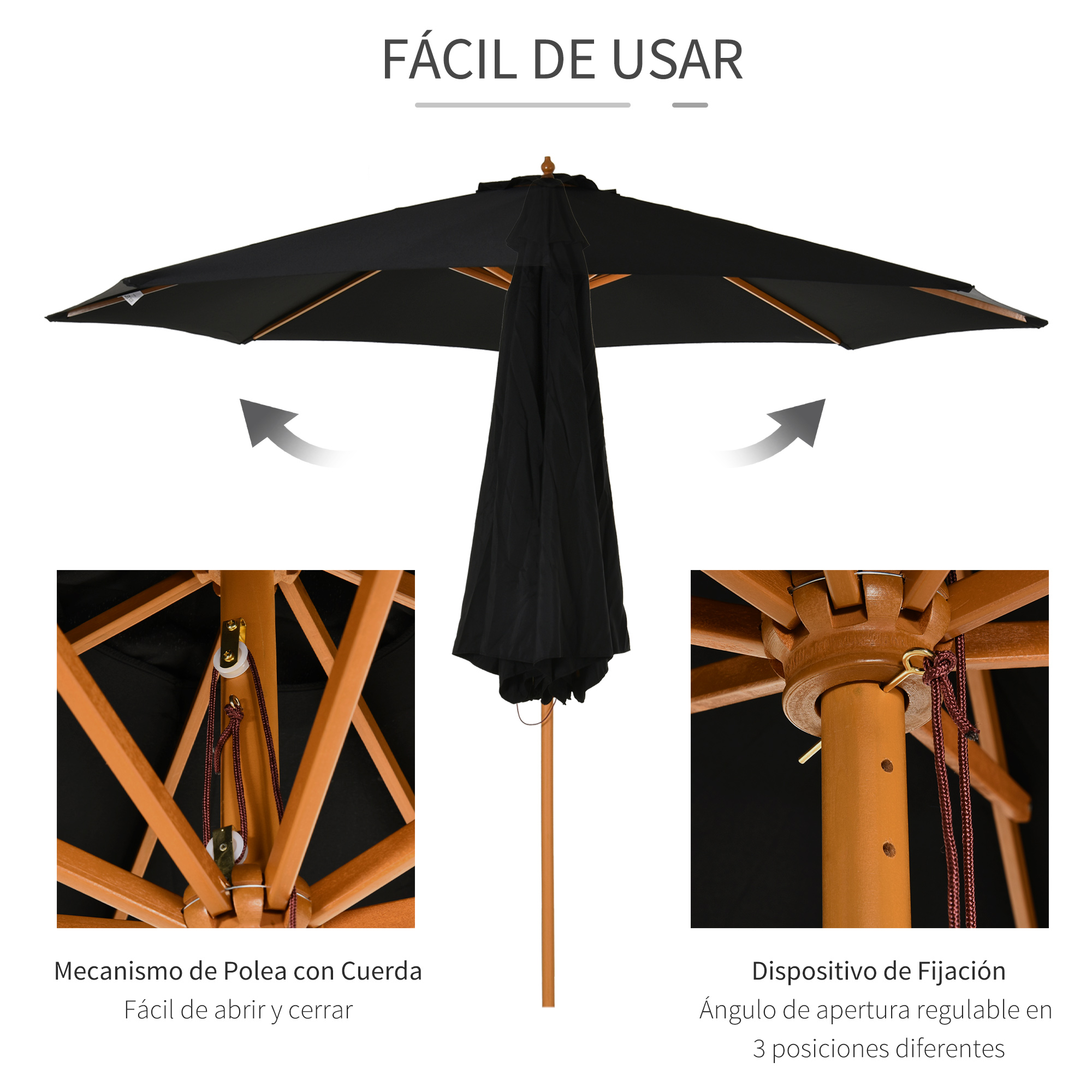 Primer plano de un paraguas de patio negro que muestra el mecanismo de polea y el ángulo de apertura ajustable en tres posiciones.