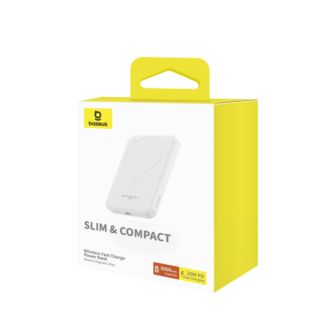 Pudełko na bezprzewodowy power bank Baseus Slim & Compact z żółtym uchwytem.