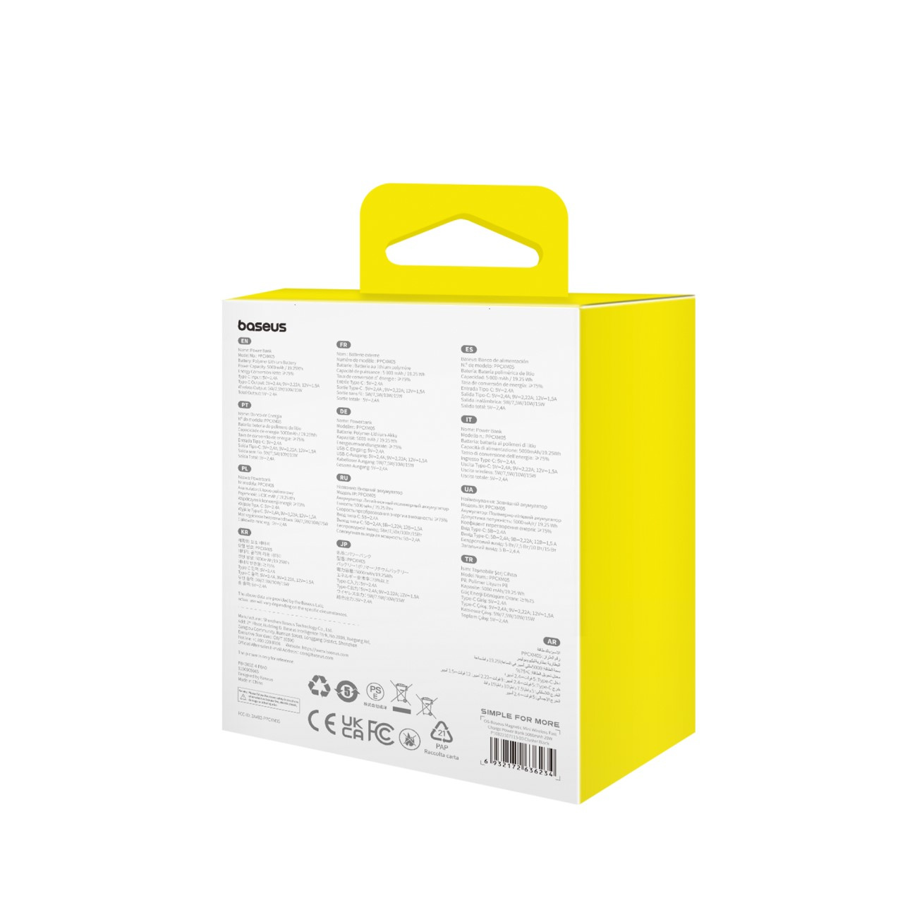 Pudełko na power bank Baseus Slim & Compact z wielojęzycznymi opisami i certyfikatami.