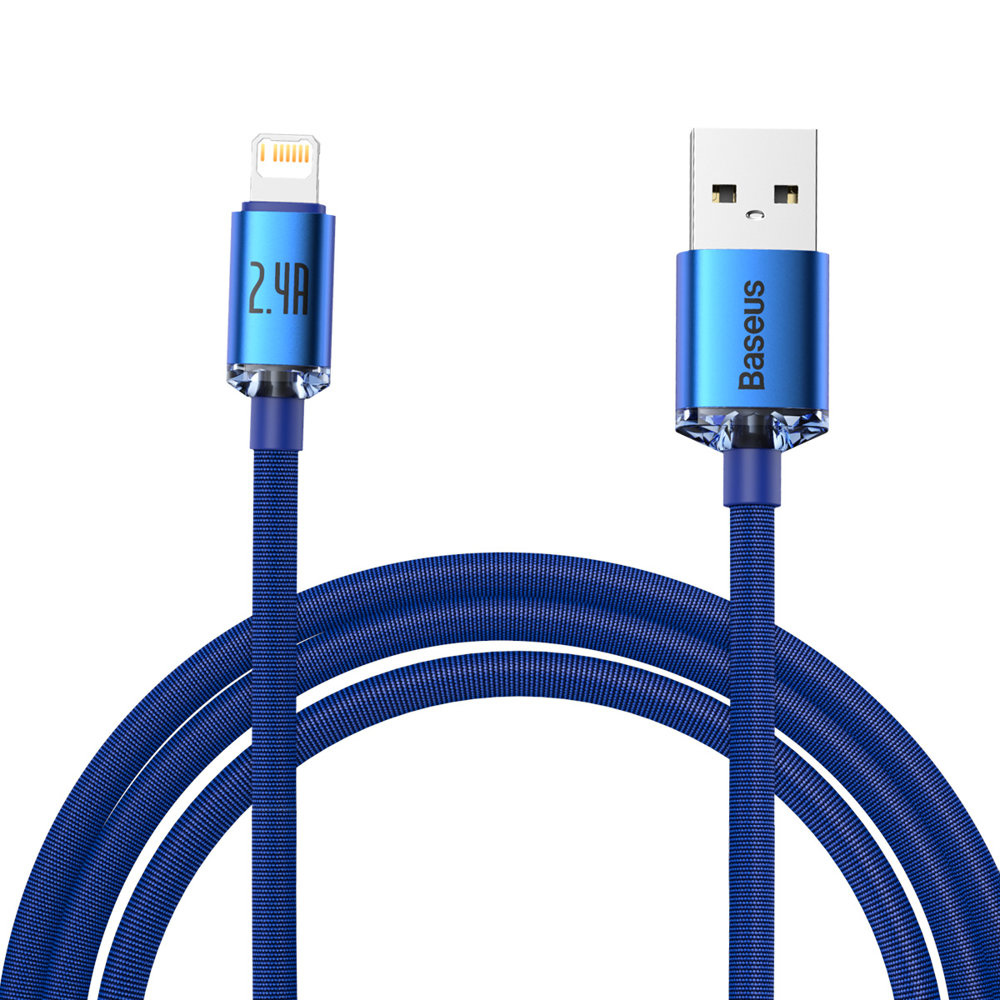 Obraz przedstawia niebieski kabel z wtyczką USB z jednej strony i wtyczką Lightning z drugiej.