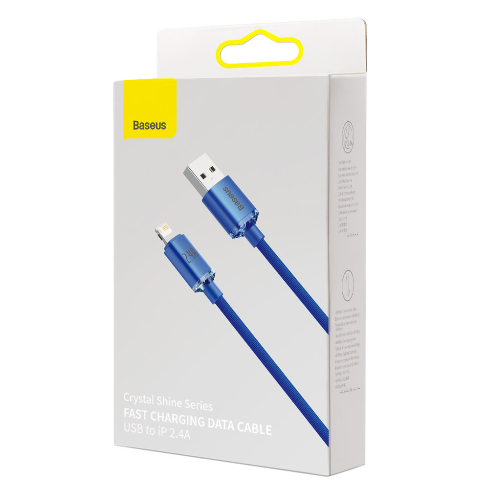 Obraz przedstawia pudełko detaliczne kabla do szybkiego ładowania danych USB do iP 2.4A Baseus Crystal Shine Series.
