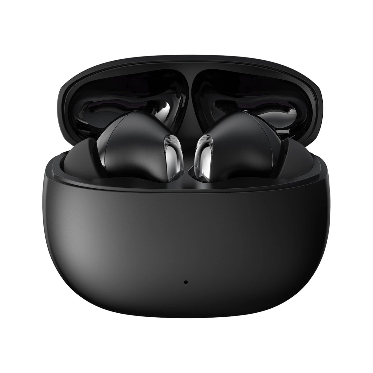 Auricolari wireless neri in una custodia di ricarica nera. La custodia è aperta, mostrando gli auricolari.