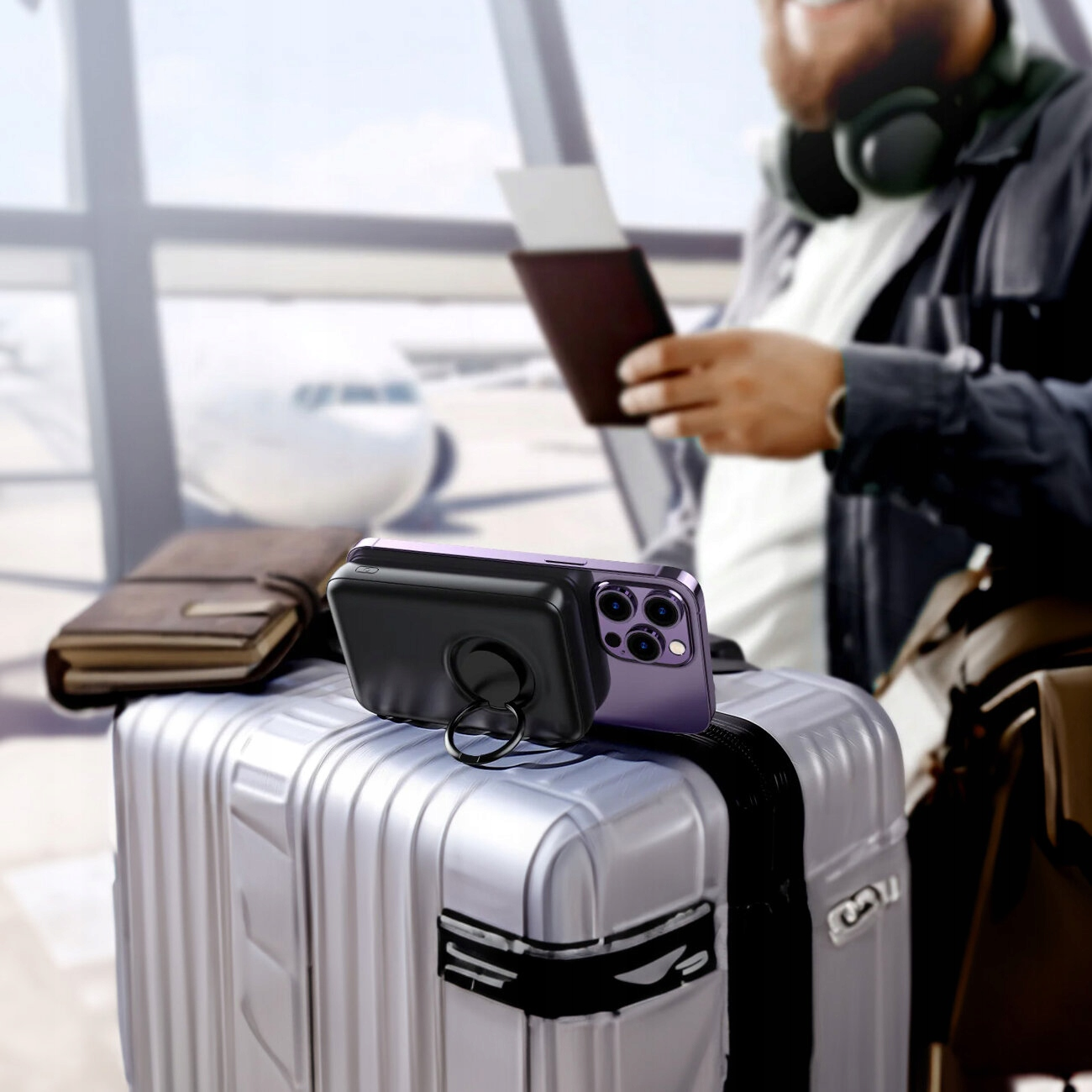 Mężczyzna na lotnisku z bagażem, trzymający paszport. Telefon z uchwytem na pierścień na walizce. Samolot w tle.