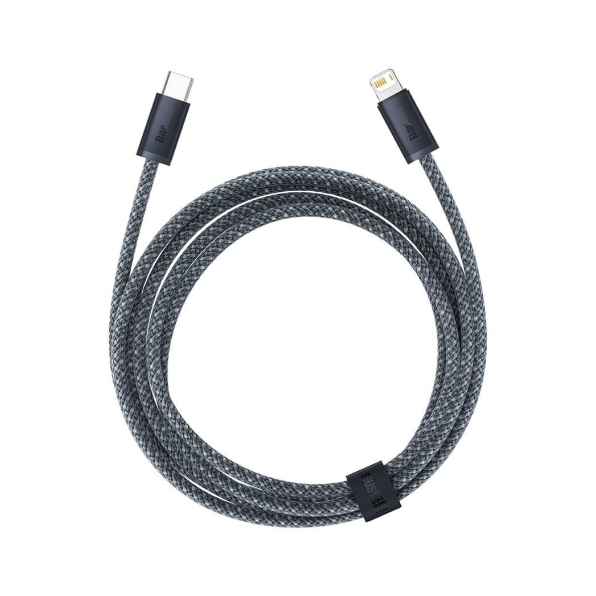 Szary pleciony kabel ze złączami USB-C i Lightning, zwinięty na białej powierzchni.