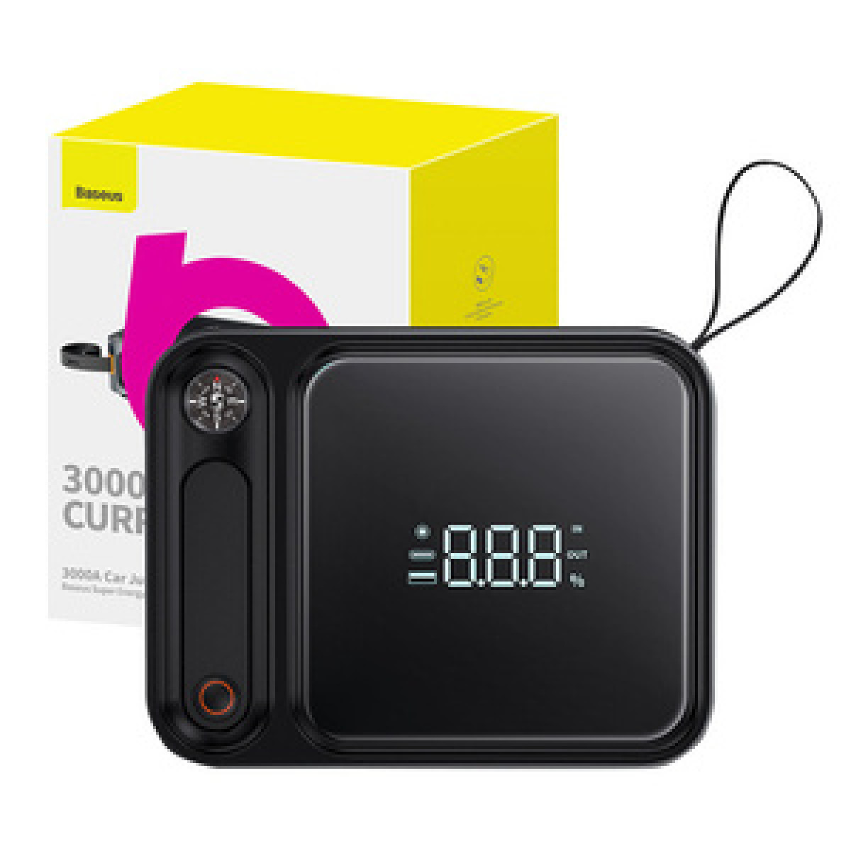Czarny rozrusznik samochodowy z wyświetlaczem cyfrowym jest ustawiony przed żółtym pudełkiem.
