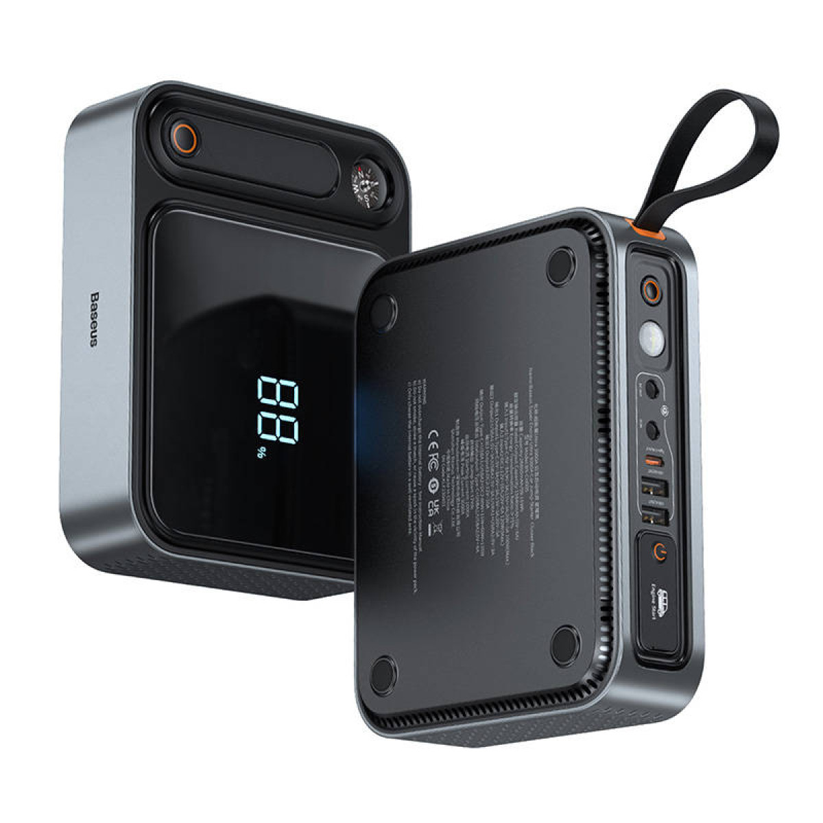 Wyświetlane są dwa szare power banki, jeden z wyświetlaczem cyfrowym, a drugi z portami.