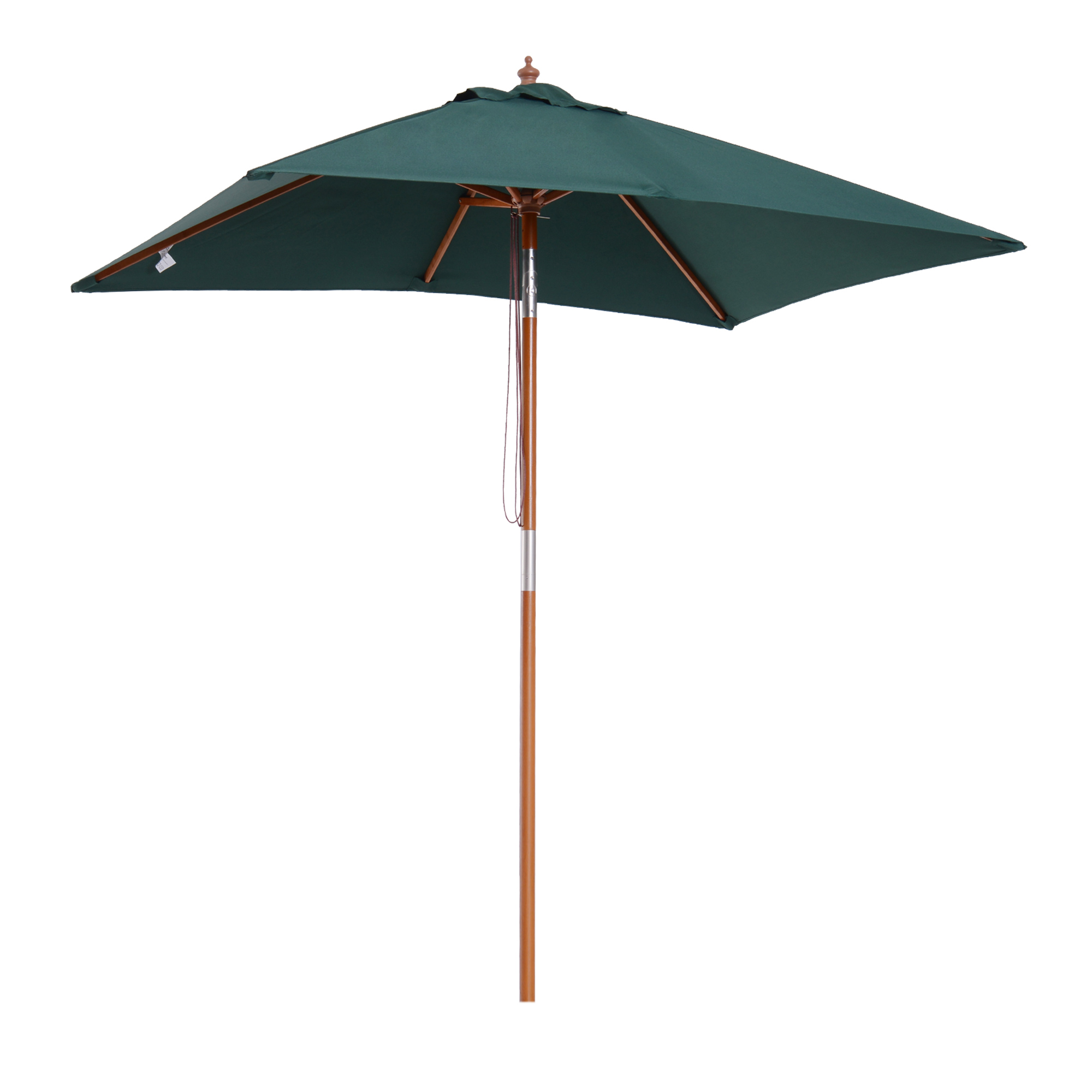 Un ombrellone da patio verde con struttura in legno si erge su uno sfondo bianco.