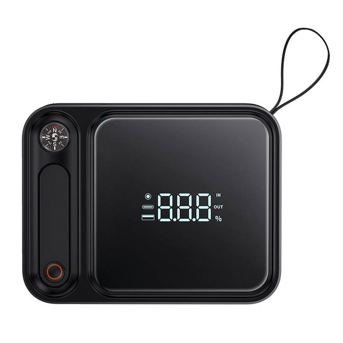 Czarny, kwadratowy power bank z wyświetlaczem cyfrowym i kompasem na białym tle.