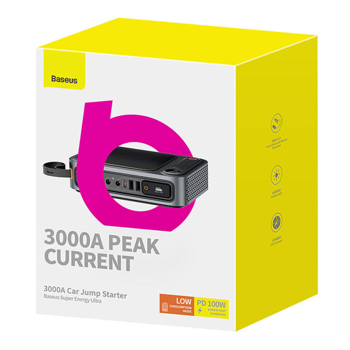 Żółte pudełko z tekstem i czarnym rozrusznikiem samochodowym w środku. Marka to Baseus.