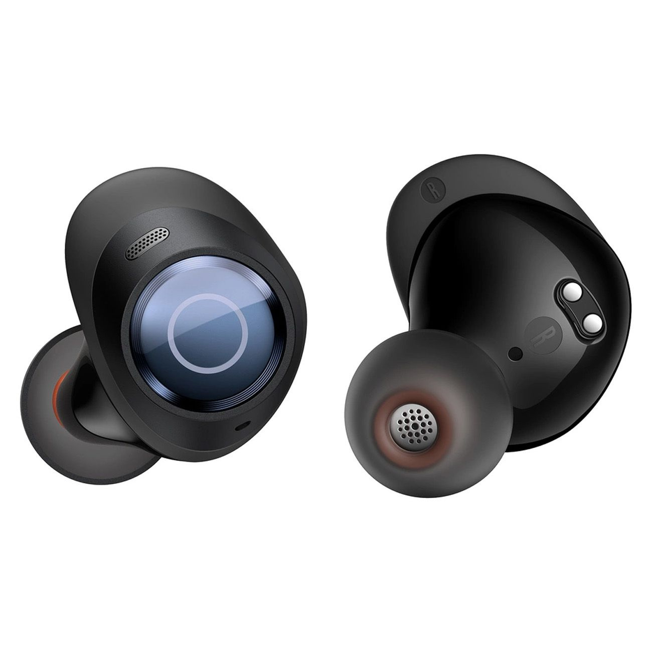 Dwie czarne bezprzewodowe słuchawki, jedna pokazuje wygląd zewnętrzny, a druga wewnętrzny.