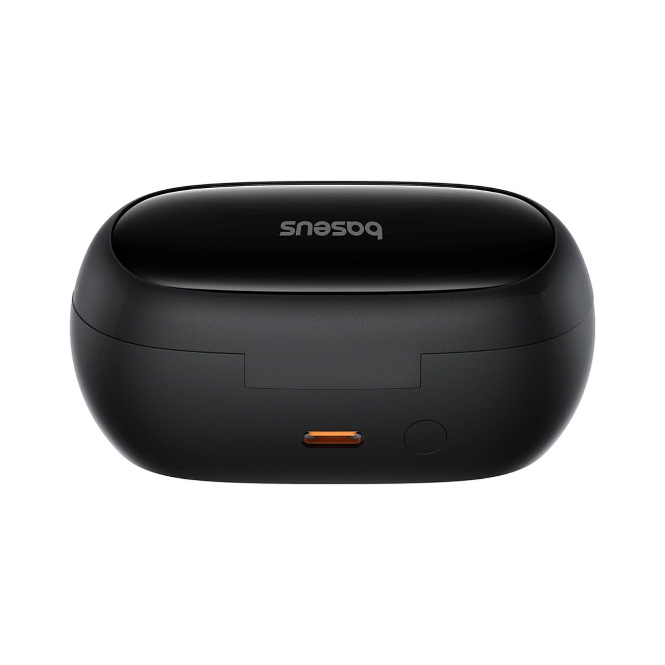 Zamknięte czarne etui ładujące do bezprzewodowych słuchawek z logo Baseus na górze.